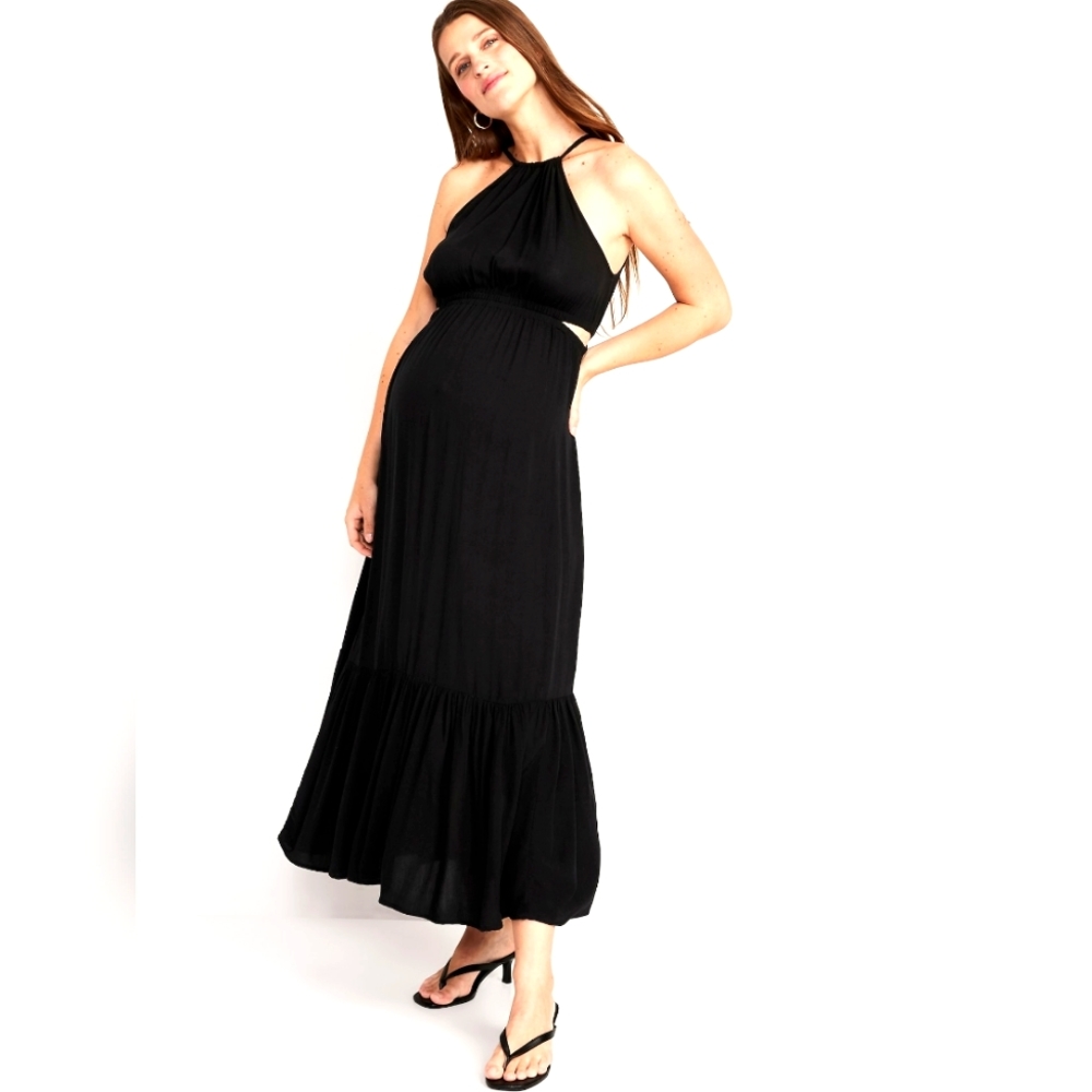 Maternity Waist-Defined Halter Maxi Dress